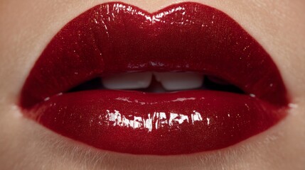 Obraz premium Close-Up of Glossy Red Lips with Sparkle, Showcasing Smooth Texture and Vibrant Shade Ideal for Beauty Editorials and Cosmetic Promotions
