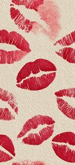 Red lipstick kiss marks seamless pattern on textured paper. Red lipstick kiss marks covering a cream textured paper surface, creating a playful pattern