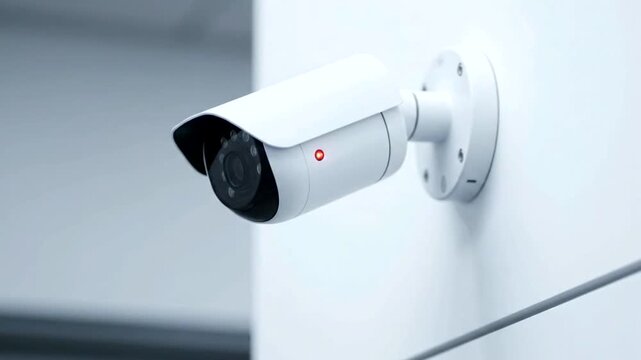 Modern white security camera mounted on a wall with a red indicator light.