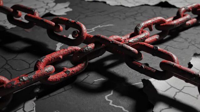 Rusty red chains on torn map background