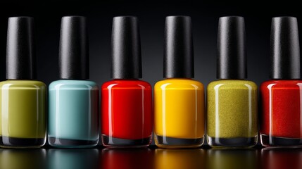 Obraz premium Vibrant Collection of Nail Polishes in Assorted Colors Displayed on a Dark Background for Beauty and Fashion Enthusiasts and Professionals