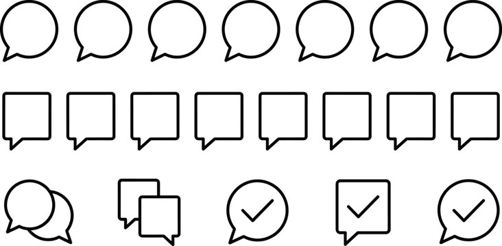 Speech bubble and chat icon set, black outline talk cloud symbols, message notification and check mark vector elements,