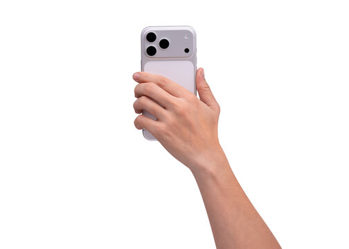 Rear view of hand holding smartphone mockup isolated on transparent background. Back side of mobile phone mockup for copy space.