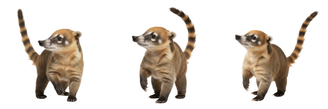 Cute Coati Set, South American Nasua, Exotic Wildlife Animal, PNG Isolated on White Background, Ring-tailed Procyonid, Tropical Mammal, Nature Education Assets