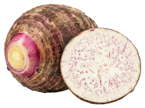 Whole and Sliced Taro Root with Inner Purple Veins Isolated on a Dark Surface