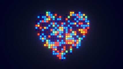 Heart shape forming with glowing pixel mosaic on dark background
