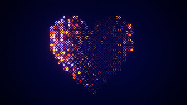 Abstract heart shape appears from numerous colorful glowing ring pixels