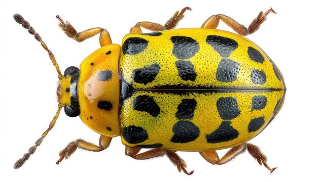 Close up of a yellow beetle with black spots isolated on white background