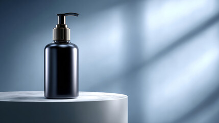Obraz premium Minimalistic black pump bottle on round white marble pedestal with soft natural light and blue gradient background
