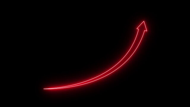 Glowing neon red arrow business graph icon animation on black background. Neon profit high growth percent icon, stocks, financial, Interest rate and dividend concept.