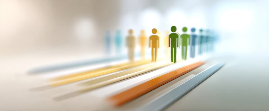 Abstract representation of diverse colored human figures standing on parallel colored lines symbolizing teamwork and progress in a blurred modern environment