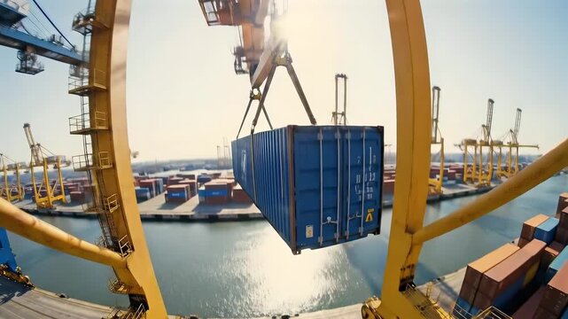 giant arch crane lifting blue container above waterline - spreader technician supervising clamp release - golden sunlight and maritime stacks create dramatic silhouette and motion