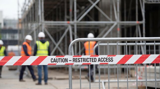 Caution tape marking a secure construction site perimeter with workers present behind a metal barrier indicates restricted area safety protocols