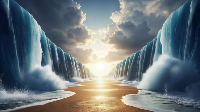 Parted Seas video: Red Sea parting into two parts. Biblical story of the Exodus of the Jewish people from Egypt led by Moses