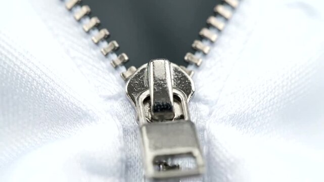 Close-up of a silver zipper on white fabric being unzipped.