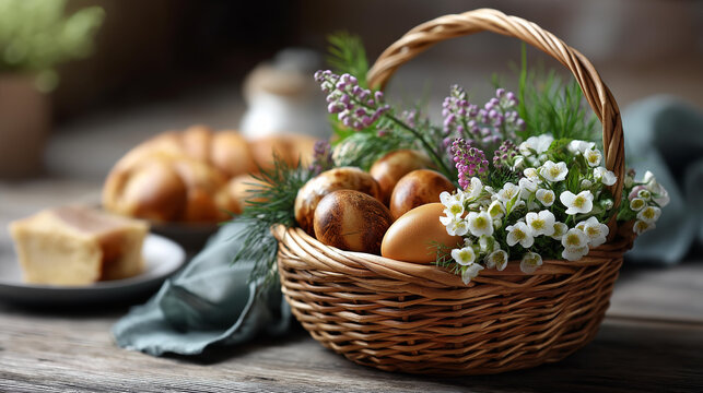 Stylish easter basket with eggs and food with spring flowers on rustic table happy easter traditional holiday food modern natural dye eggs tasty ham bread butter beets with