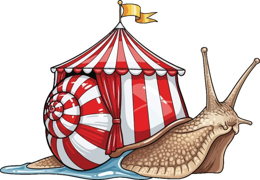 Giant snail carrying circus tent as shell, fantasy creature, surrealism, whimsical journey, traveling show, red and white striped top