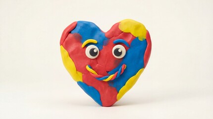 Fototapeta premium Plasticine heart with smiling face, handmade clay love symbol, happy character, diy art, play dough craft, valentine concept, red blue yellow modeling dough, creative childhood hobby.