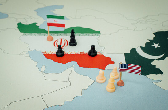USA and Iran geopolitical conflict on world map