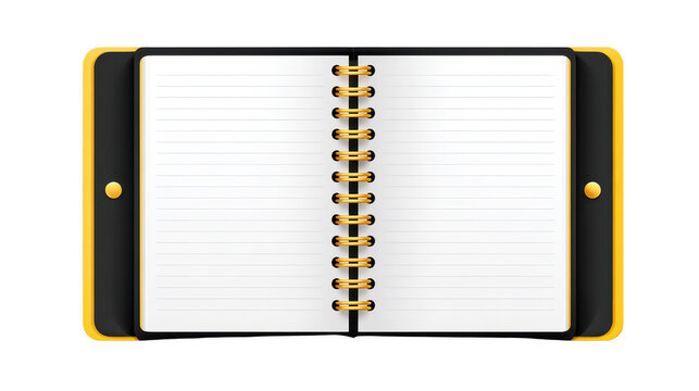 Open notebook spiral binding lined paper black cover gold accent blank page stationery office supply school writing tool