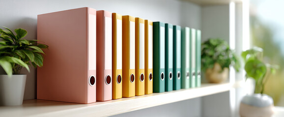 Fototapeta premium Colorful binders neatly arranged on a wooden shelf with potted plants in a bright modern workspace environment