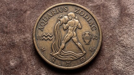 Aquarius zodiac sign on ancient style coin with water bearer man pouring from urn. Astrological symbol representing innovative air element personality. Horoscope and mysticism concept for zodiac
