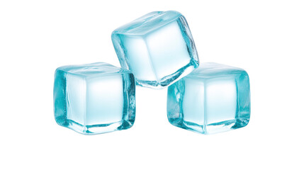 Three clear ice cubes stacked together, transparent and glossy, isolated on transparency background, refreshing and cold, perfect for drinks, summer, or beverage concepts