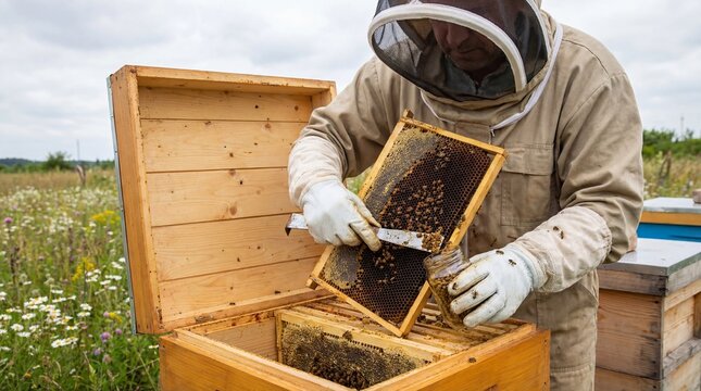 Beekeeper collecting bee bread from honeycomb frame. Man in protective suit harvesting pollen stores from beehive. Apiculture practice and natural bee product extraction in rural field.