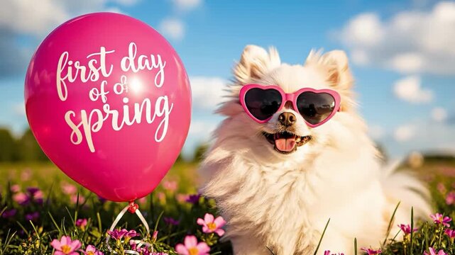 Dog celebrating the first day of spring with a pink balloon