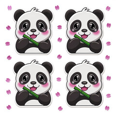 Fototapeta premium Set of cute panda cartoon stickers, clipart collection, graphic design illustration 