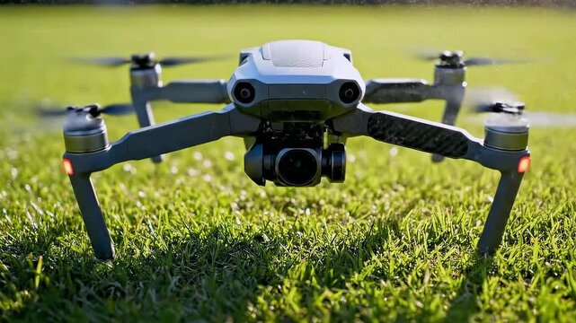 Sunlit drone hovering above green grass - closeup of modern camera drone with gimbal and lens - carbon arms and spinning rotors - red LED indicators - shallow depth of field - summer park