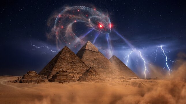 Epic Sci-Fi Serpent Creature Hovering Over Ancient Pyramids