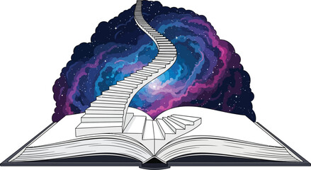 Open book with spiral staircase leading into cosmic galaxy and stars fantasy literature and imagination concept vector © MDMUKTADIR