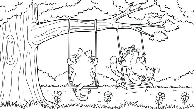 Two cartoon cats enjoy swinging from tree branches in a park. They appear relaxed and happy, surrounded by grass and flowers, conveying a playful tone.