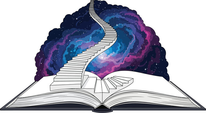 Open book with spiral staircase leading into cosmic galaxy and stars fantasy literature and imagination concept vector