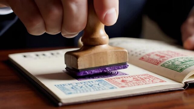 hand stamping passport with visa - closeup of wooden stamp pressing purple ink seal onto passport page - desk surface - official approval atmosphere - travel and border control scene