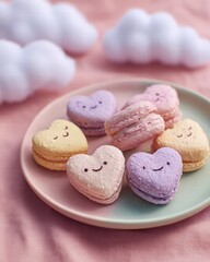 Heart-shaped macarons with tiny faces, pastel plate, fluffy clouds background, dreamy cute aesthetic