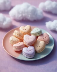 Heart-shaped macarons with tiny faces, pastel plate, fluffy clouds background, dreamy cute aesthetic