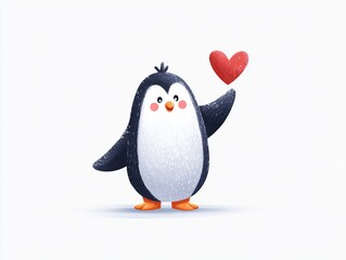 Fototapeta premium Cute Penguin Holding Heart Love Illustration Isolated on White