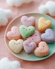 Heart-shaped macarons with tiny faces, pastel plate, fluffy clouds background, dreamy cute aesthetic