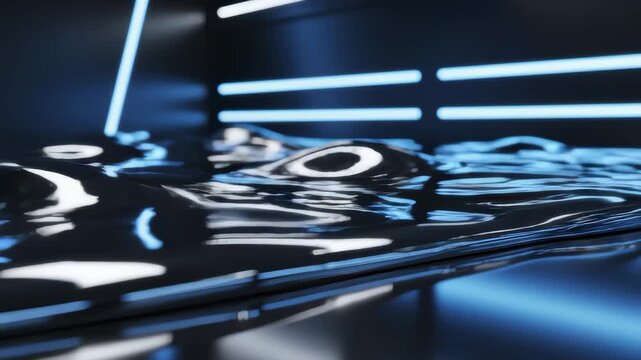 Dark Liquid Surface Waving in Futuristic Space With Neon Lighting
