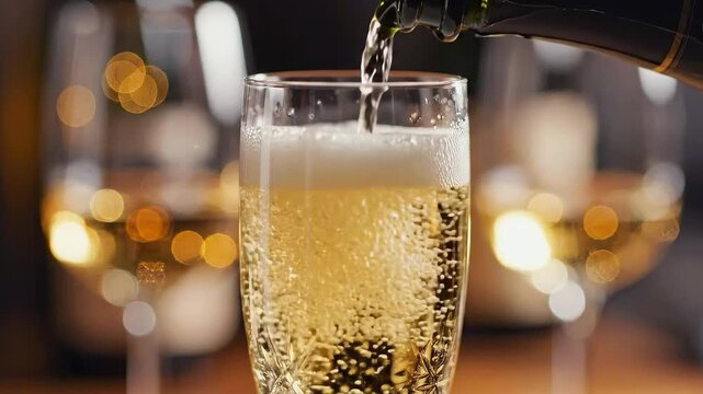 champagne flute being filled golden bubbles - closeup pour from bottle with rising effervescence - warm bokeh lights and elegant table setting creating festive upscale mood for toast