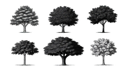 Fototapeta premium Six hand drawn tree illustrations, each with unique foliage and trunk shapes, isolated on transparent background, perfect for landscape design, educational material, or creative projects