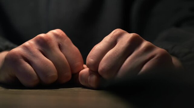 Aggressive behavior.
Aggressive hand gesture.
A clenched fist slamming on the table.
The man displays aggressive emotions.