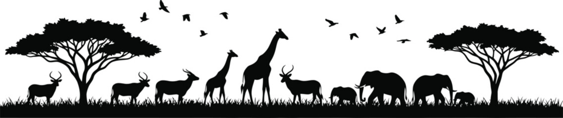 Fototapeta premium Black silhouettes of various African animals and trees on white background wildlife scene
