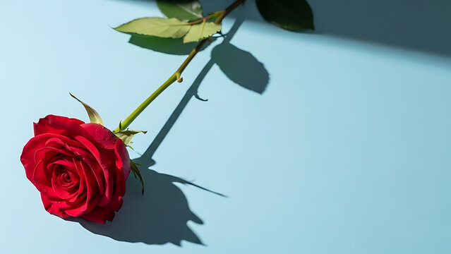 Beautiful red rose on light blue background with green leaves and shadow
