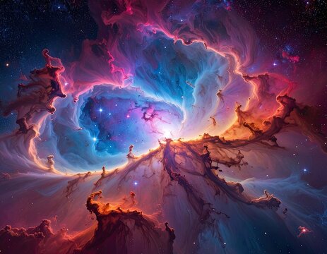 A breathtaking cosmic tapestry of vibrant, swirling nebulosity set against a deep starry expanse.