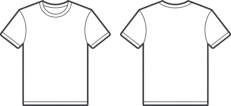 Front and back view of blank white t shirts with short sleeves and crew neck  simple line drawing