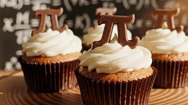 Cupcakes with pi symbol on top, on a wooden platter