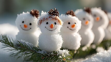 Obraz premium A group of adorable, small decorative snowmen sitting in a line on a frosty evergreen branch. Bright winter sunlight and soft bokeh background create a festive and joyful atmosphere